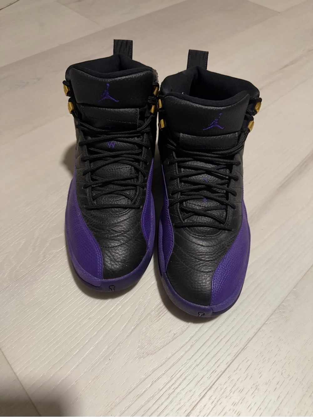 Size 10 Jordan Black and Purple High-Top Sneakers with Gold Accents